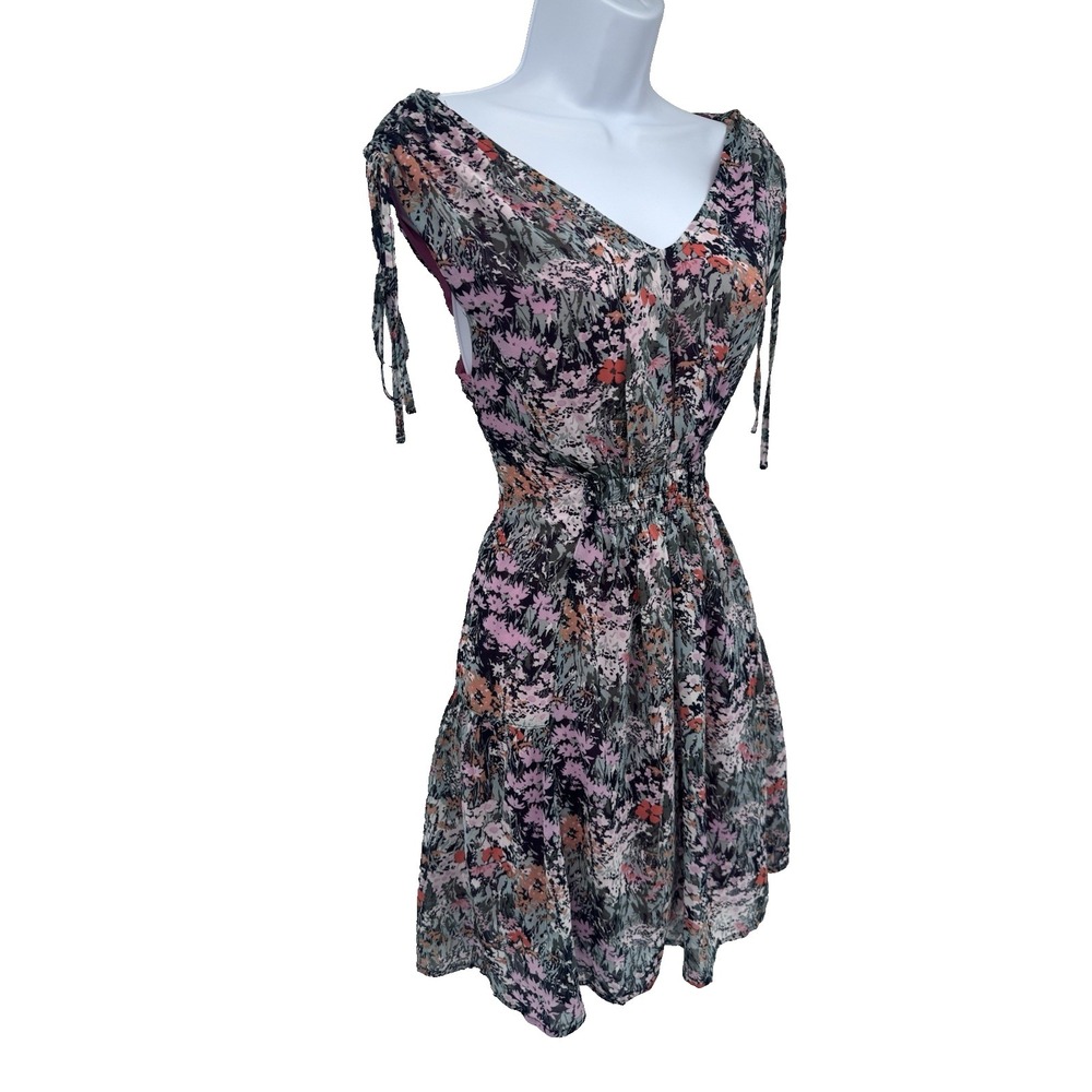 Kori Floral Sheer Dress Mini Garden party Tie sleeve fairy cottage resort boho S
